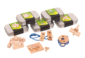 a selection of tins with a full colour branded paper wrap each containing a random mix of wooden puzzle games 