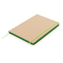 Eco Friendly A5 Kraft Notebook in brown with green elastic closure strap, ribbon and page edges