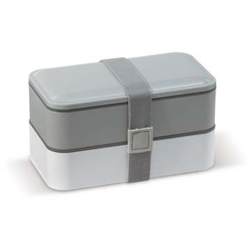 Bento Lunch Boxes in white and grey with grey elastic strap holding 2 boxes together