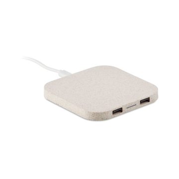 2 USB Ports Wheat Straw Wireless Charging Pad in beige