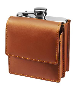6oz Stainless Steel Hip Flask in silver with brown case