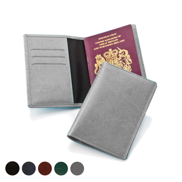 a grey leather passport wallet with a neutral colour chart