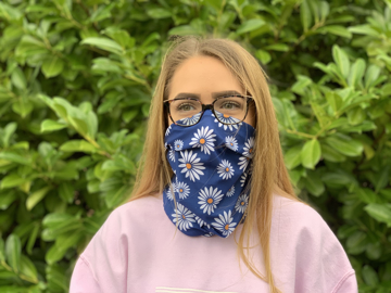 a full colour printed snood being worn