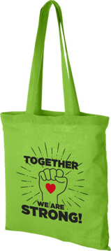 Lime Green reusable shopper bag with blue handles and large print to the front
