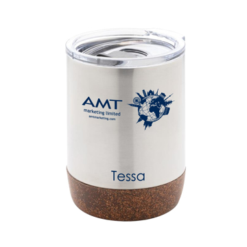 small cork coffee mug in silver that has been individually personalised with name and logo