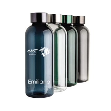 leakproof water bottle with metallic lid printed with logo and individual name