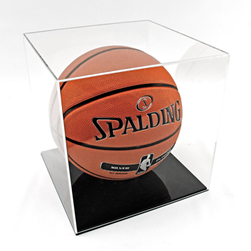 Acrylic Basketball Display Case with basketball on black base