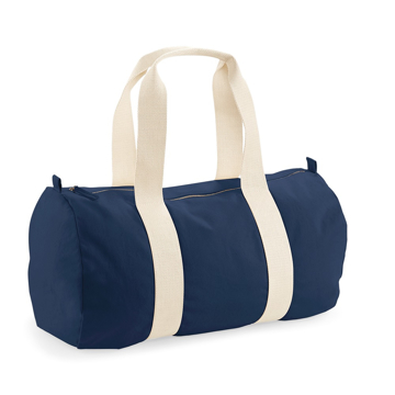 navy blue cotton barrel bag with natural handles