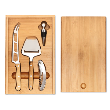 Cheese knife, peeler, wine stopper and opener in a bamboo presentation box