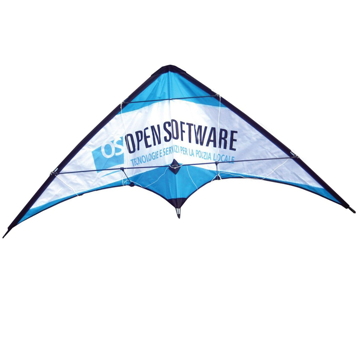 small blue and white stunt kite with logo printed to centre