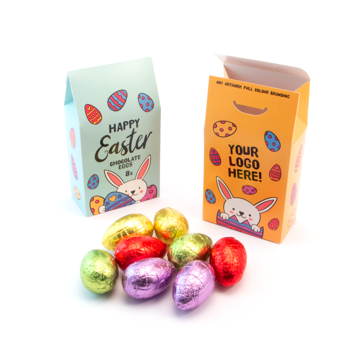 box of 8 hollow chocolate eggs with full branding to box