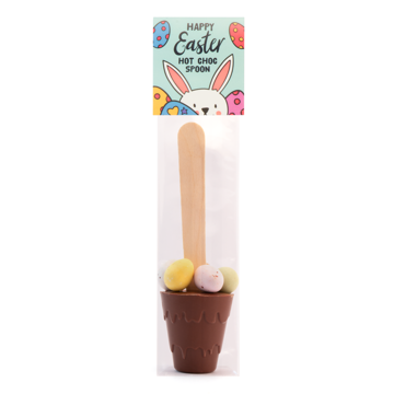 hot chocolate spoon with speckled eggs with a blue top info card