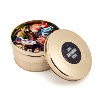 gold treat tin filled with celebrations and a printed round resin dome to top of tin