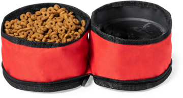 Foldable Dual Pet Bowl in red opened with food and water