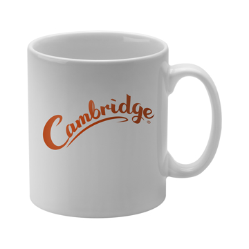 white cambridge mug printed 1 colour orange print