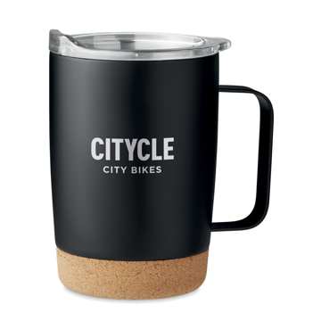 Steel tumbler with cork base and print in black