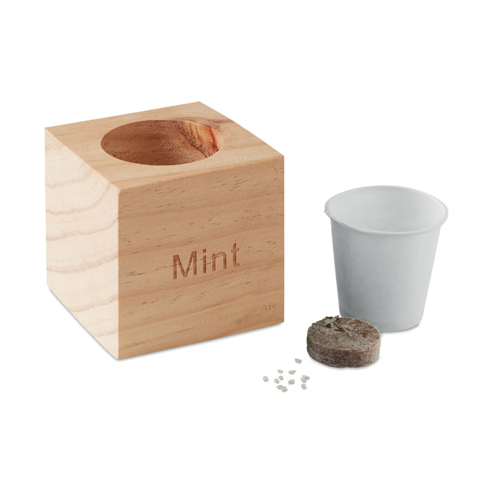 Mint in wooden plant pot separate components