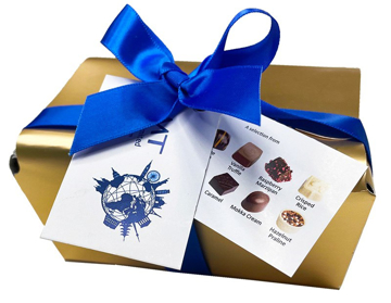 Gold boxed chocolates with  flavours and names