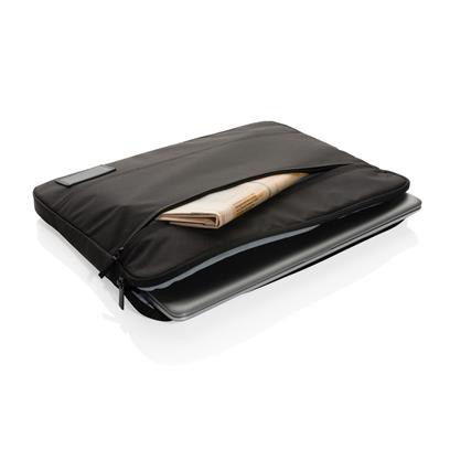 Black laptop sleeve filled with newspaper and laptop