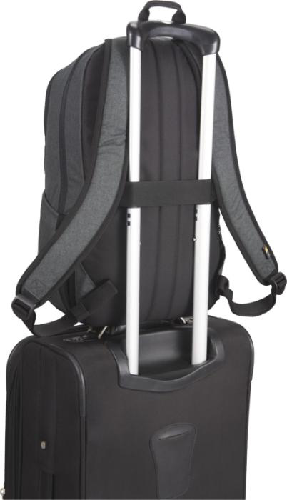 Heather Grey Era Laptop Backpack wrapped around luggage handle