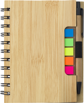 Wire bound notebook with a ballpen and mutlicoloured sticky notes (front facing) 