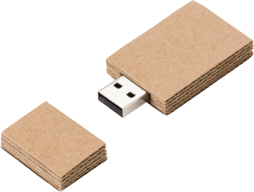 Cardboard USB Drive, light brown colour, viewed from a diagonal angle with lid off.