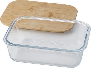 Glass lunchbox, rectangular shape, with a bamboo lid on the side 