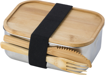 stainless steel lunchbox (grey), with a nylon strap (black), and a bamboo lid and cutlery strapped onto the side (light brown) 