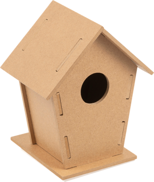 Light brown birdhouse kit that has been assembled. It has a triangle roof and a hole in the front for the birds to enter 
