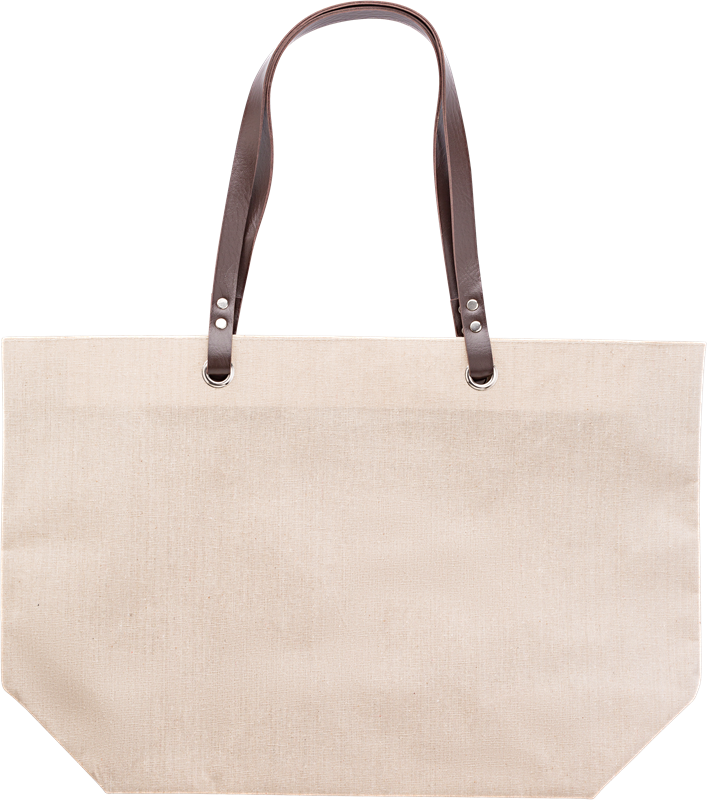 A cream colour linen beach bag with dark brown handles, facing forwards