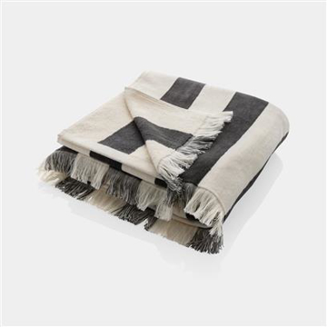 anthracite and white striped towel with tassels, folded into a square