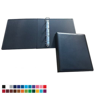 Black ring binder open view and closed view. Below the ring binder is the range of colours available
