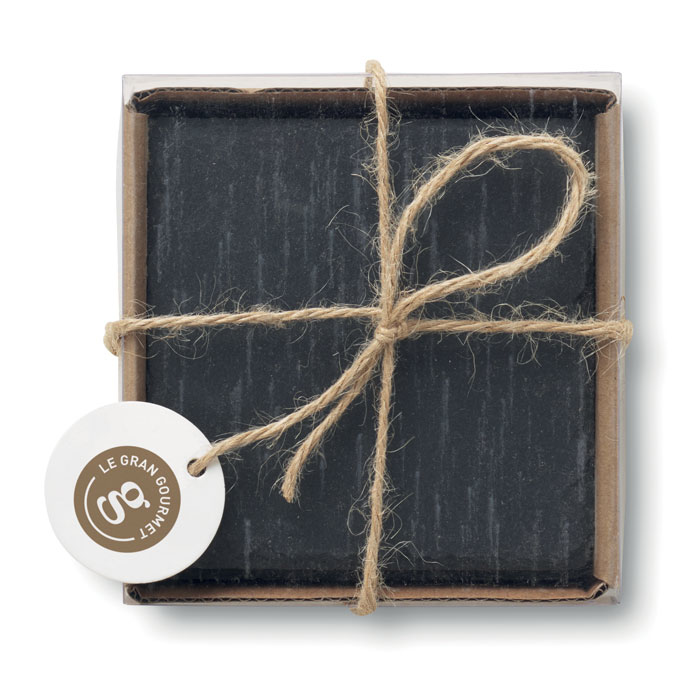 4 square dark grey slate coasters in gift packaging