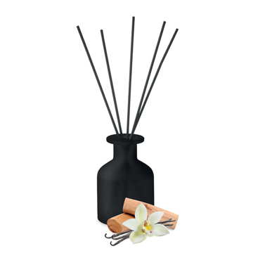 Black fragrance stick diffuser with flower of scent next to it 
