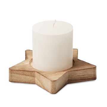 A white candle in a brown wooden base in the shape of a star