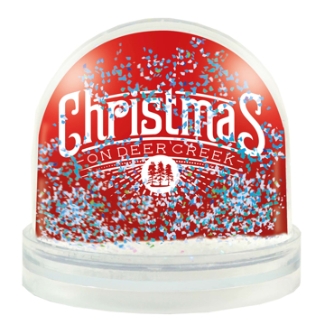 a snow globe with a white frame and red background 