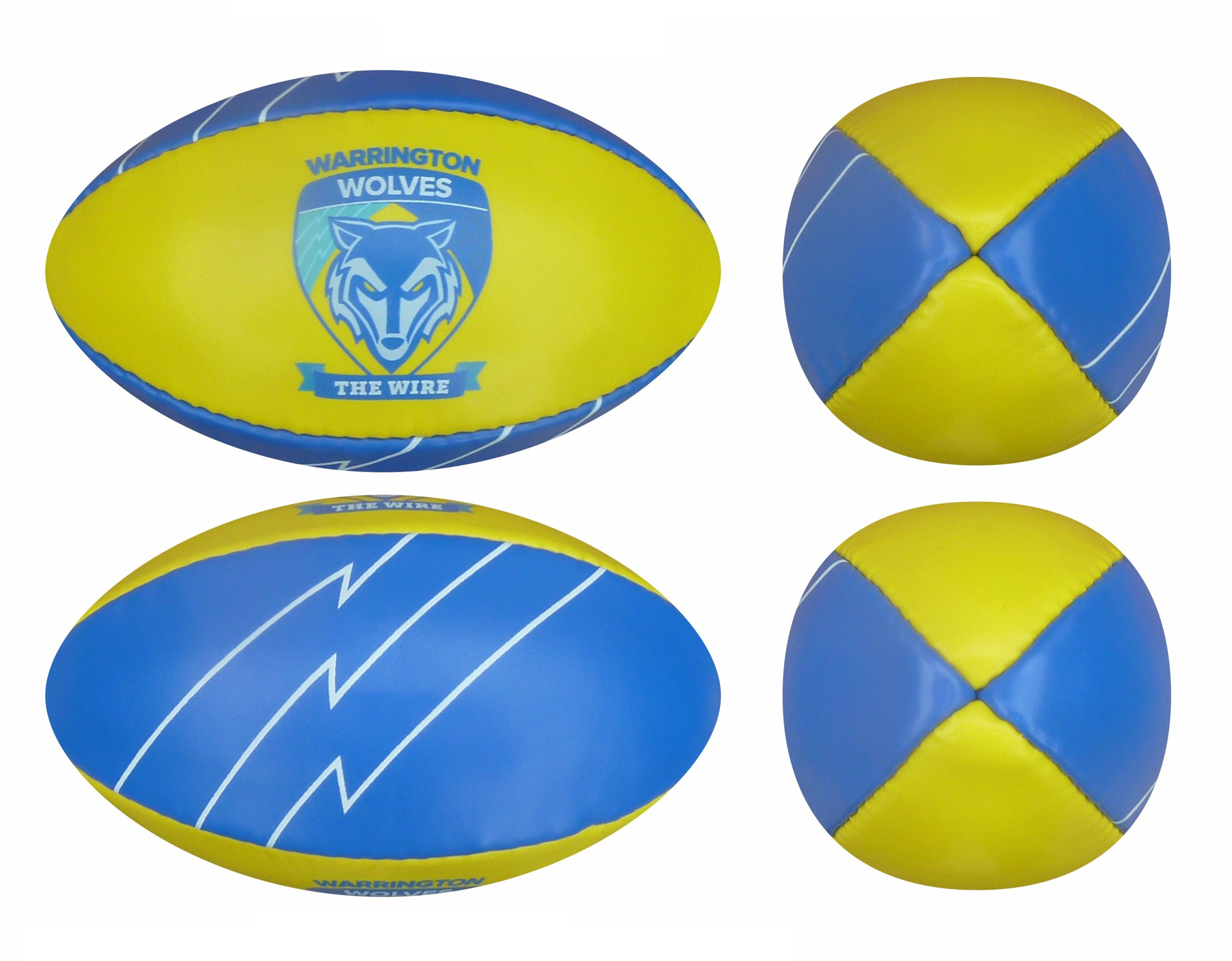 mini rugby ball branded with blue and yellow