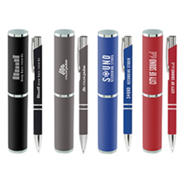 crosby softpen in a metal tube in either black grey blue or red