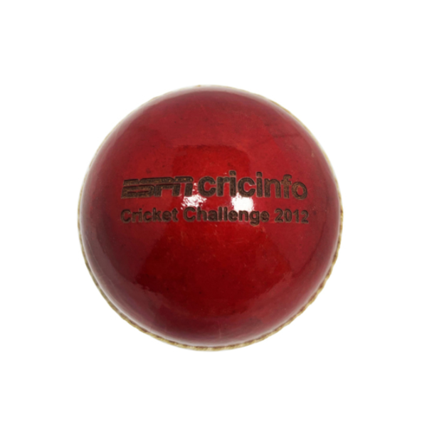 	Red cricket ball with black branding