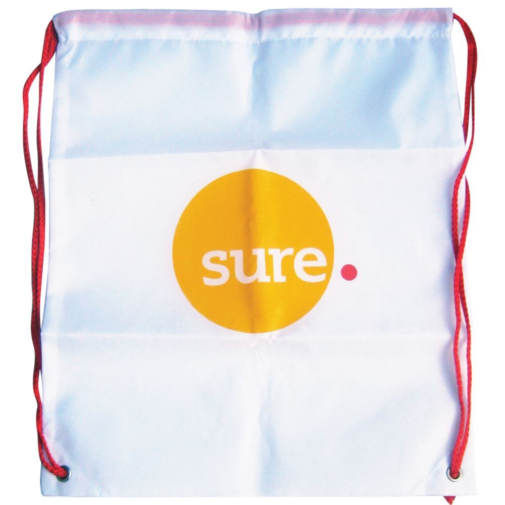 Drawstring Bag in white with red strings and 2 colour print logo