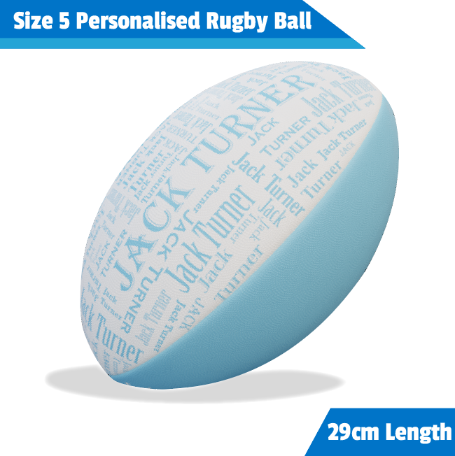 Size 5 personalised rugby ball with blue and white print