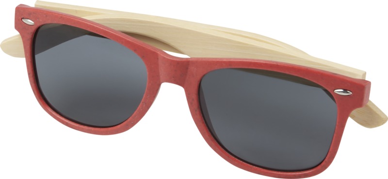 sunglasses with a red frame and bamboo arms