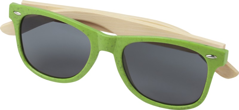 sunglasses with a green frame and bamboo arms