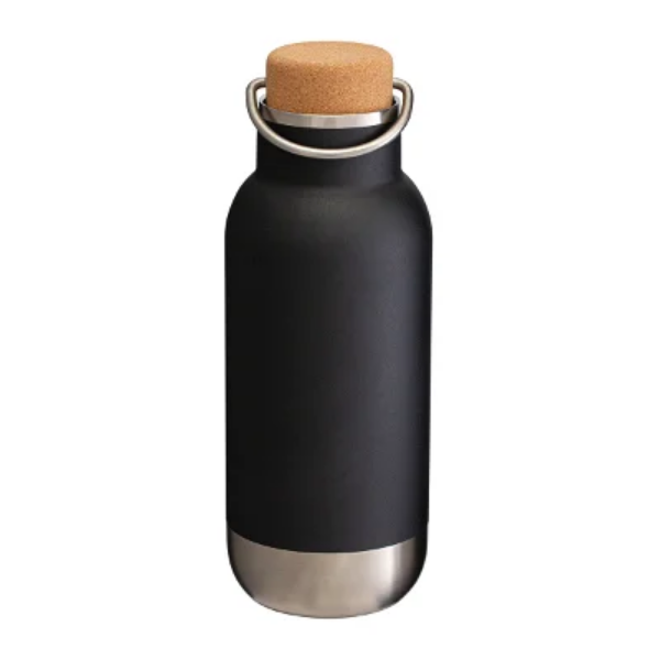 Black metal bottle with cork lid