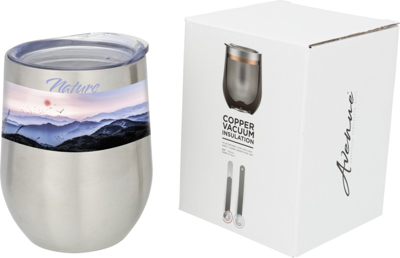 Silver copper vacuum insulated cup with print