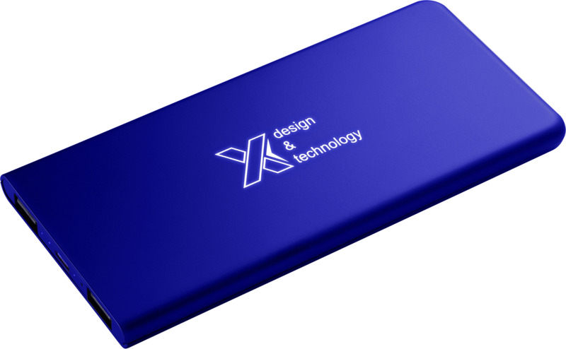 Blue light up power bank with logo