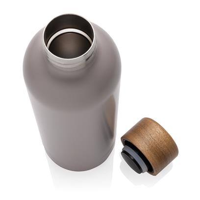 Grey Wood & recycled stainless steel vacuum bottle with lid off