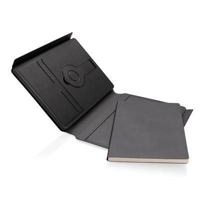 Swiss Peak RCS rePU notebook with 2-in-1 wireless charger open