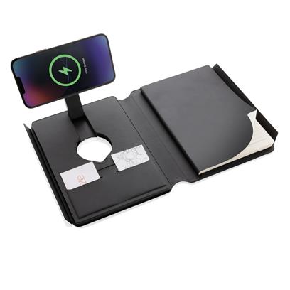 Swiss Peak RCS rePU notebook with 2-in-1 wireless charger open and charging phone