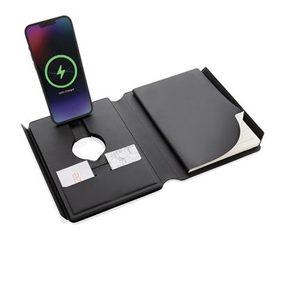 Swiss Peak RCS rePU notebook with 2-in-1 wireless charger open and charging phone